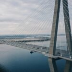 Drone shot highlighting the modern cable-stayed Arthur Ravenel Jr Bridge in South Carolina over tranquil waters.