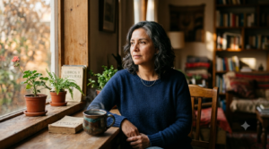 Mujer latinoamericana adulta mirando hacia la ventana con expresión serena y reflexiva, ilustrando la conexión entre enfermedades autoinmunes como artritis y lupus y el bienestar emocional